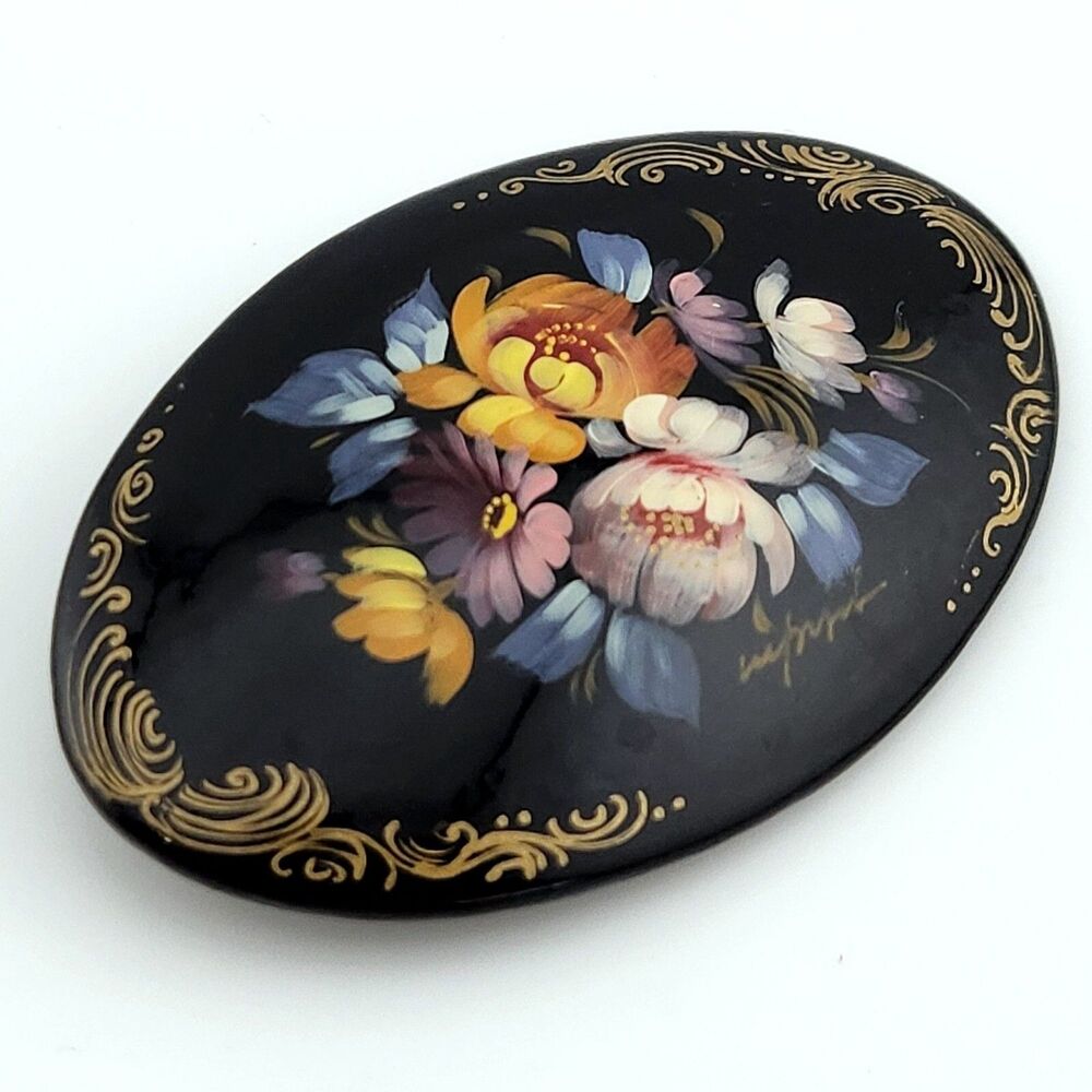 Gorgeous Antique C-Clasp Signed Oval Floral Scene Hand Painted Lacquered Brooch